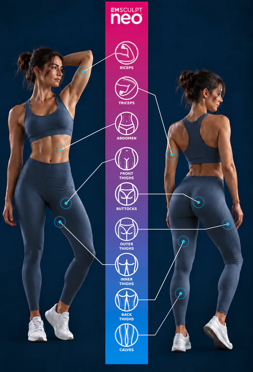 Front body, back body and legs with EMSCULPT NEO treatment areas at Square Mile Clinic